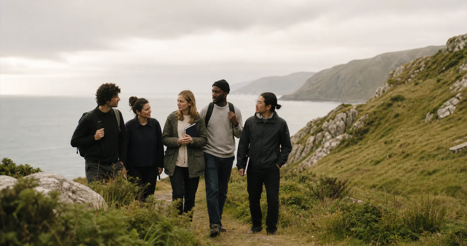 Valkor team walking through a natural landscape